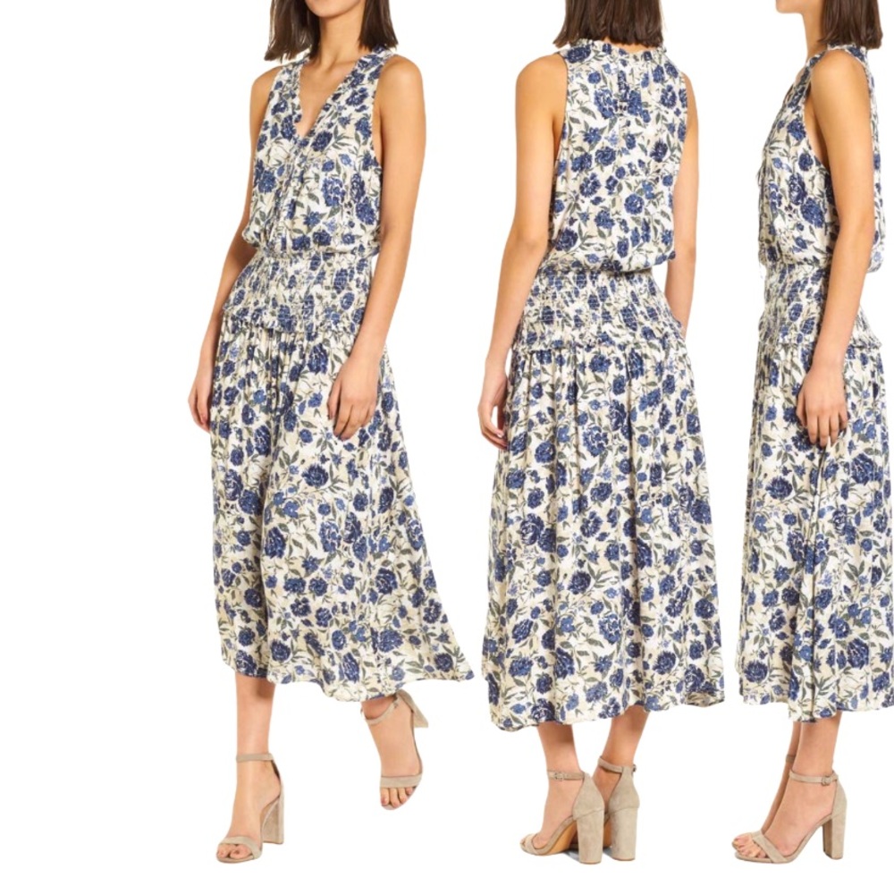 Splendid Smocked Waist Cream Blue Floral Dress